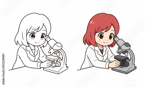Laboratory assistant looking through microscope coloring page for kids