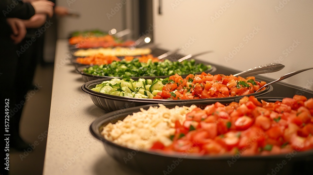 Obraz premium Fresh Salad Bar Buffet with Chopped Tomatoes and Cucumbers