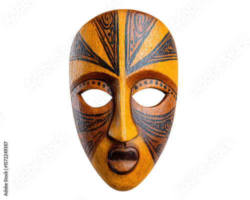 Hand painted wooden mask with intricate tribal patterns, orange and black color, cultural artifact, traditional design, expressive face, isolated on transparency background