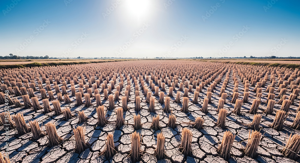Fototapeta premium Dried Rice Paddy Field Under Harsh Sunlight A View of Climate Change Impact
