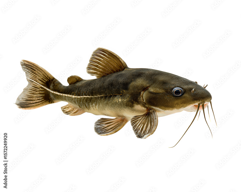 Fototapeta premium Banjo catfish with unusual body shape, brown and cream coloration, long whiskers, aquatic animal, freshwater fish, isolated on transparency background, unique appearance