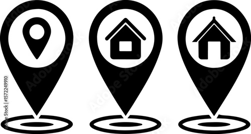 Image features a set of six black location and home icons on a white background. The top row consists of three location pin icons, each with a circular cutout in the center. The first two pins are ide