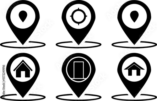 Image features a set of six black location and home icons on a white background. The top row consists of three location pin icons, each with a circular cutout in the center. The first two pins are ide