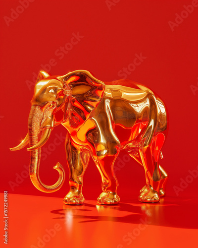Golden elephant sculpture stands on shiny surface against vibrant red background creating striking visual contrast. Generative AI