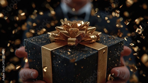 A man's hands hold a gift box with gold ribbon.
