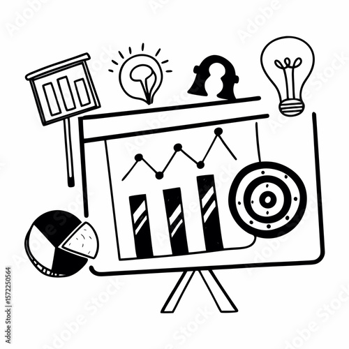 Vector illustration of business doodle elements, hand-drawn style with charts, lightbulbs, targets, and success icons