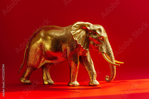 Golden elephant sculpture stands against vibrant red background creating striking visual contrast. Generative AI