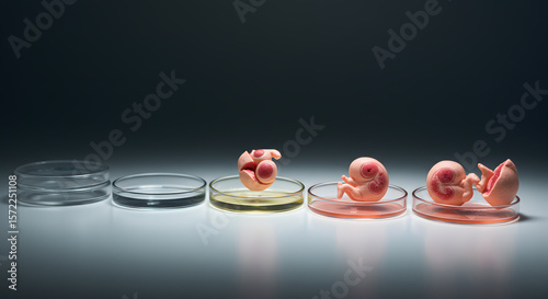 Petri dishes showing progression from fluid to an embryo model.