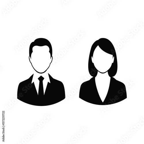 Business people vector icons illustrate a diverse team of men and women in suits, symbolizing office teamwork, user profiles, and professional meetings with avatars simple flat black silhouette icon