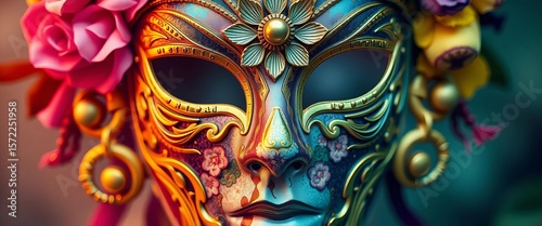 Close-up regal mask, floral double exposure, majestic face, botanical, fantasy