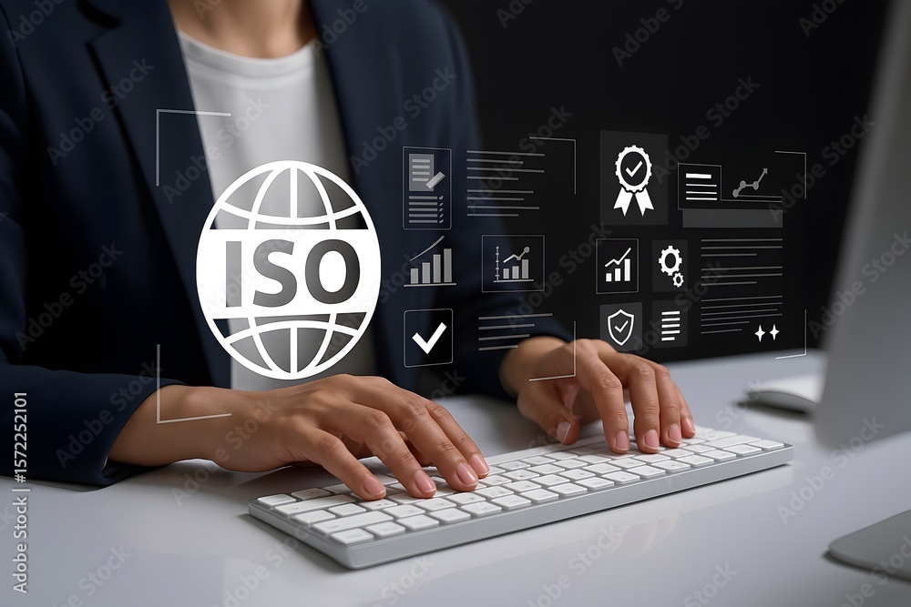 Fototapeta premium ISO certification, international standards, quality management, quality control, compliance, regulatory, audit, business, professional, data analysis, reports, technology, digital interface, global st