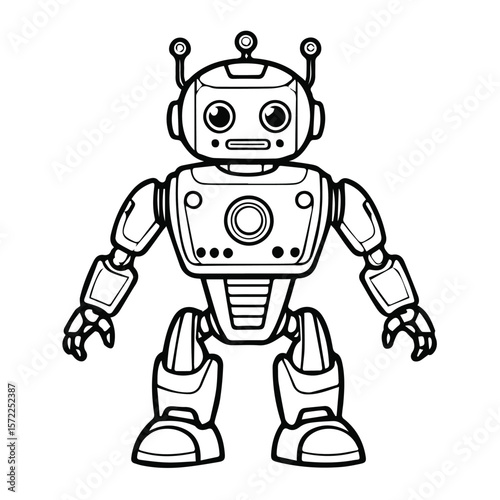 Cute robot character standing in a front view pose against a plain white background. Friendly robot design for children's educational content or toy advertising.