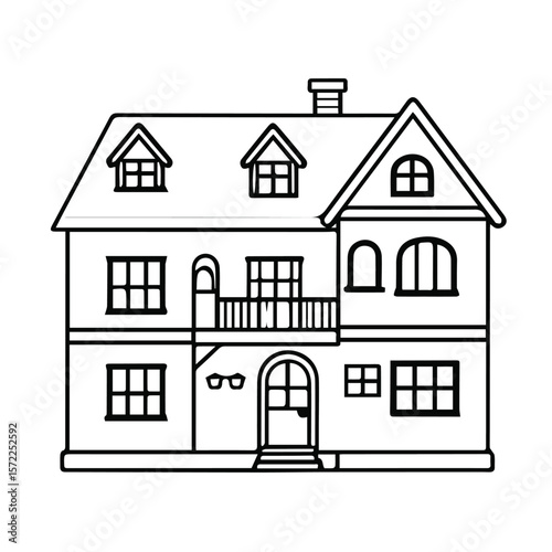 Two-story house with classic architecture. Exterior view of a well-maintained home with multiple windows and a balcony.