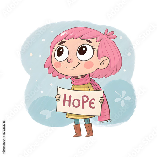 Breast Cancer Awareness Motivation Illustration of a Cartoon Girl with Pink Scarf and Happy Expression Holding Hope Sign Board
