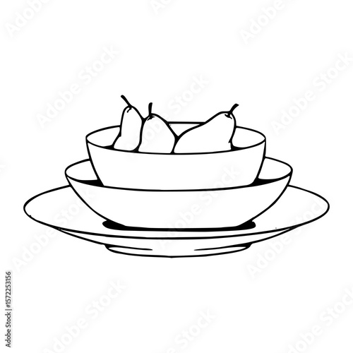 healthy eating: fresh pears on dishware line art