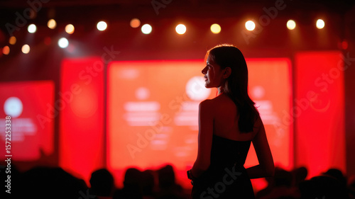 young indian business woman giving speech on the stage
