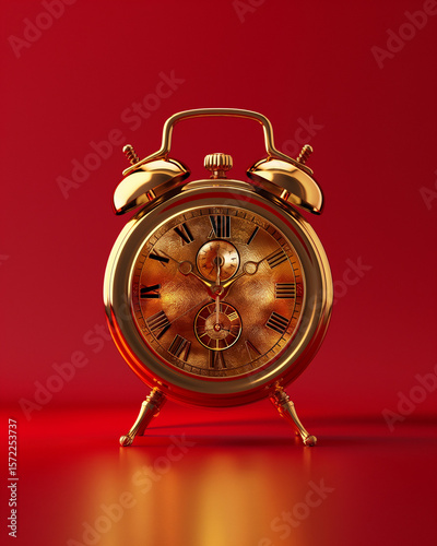 Golden Vintage Alarm Clock on Red Background – Luxury Time Management, Business Deadline, Wealth Growth, and New Year Countdown Concept for Commercial Marketing