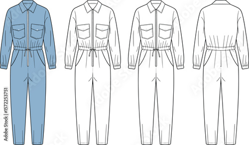 Modern jumpsuit CAD drawing, flat vector illustration with technical sketch, fashion blueprint template for apparel design and garment production