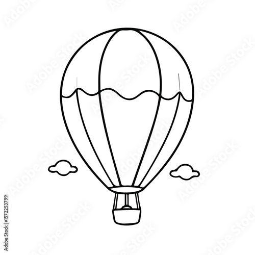 Black and white line art illustration of a hot air balloon with clouds.