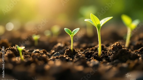 Tiny green seedling sprouting from the rich soil, a new life growing in nature