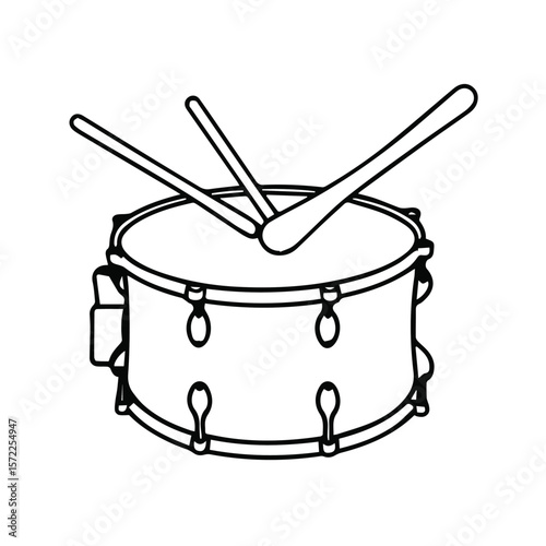 Drum with drum sticks in a simple, black and white graphic design. Instrument ready to be played, in a neutral, isolated background.