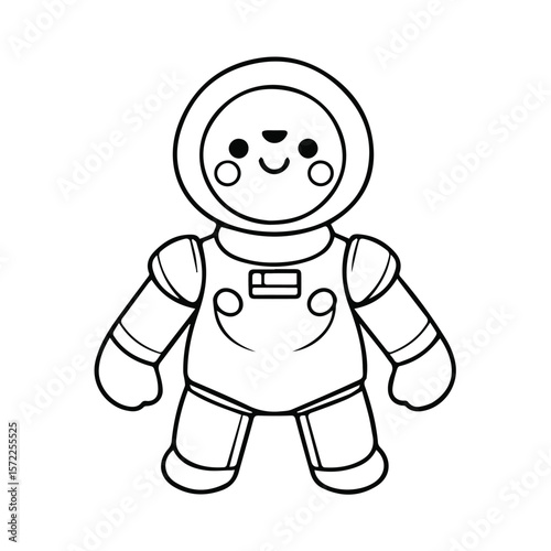Cute astronaut cartoon character in space suit standing in front of a plain background. Childrens coloring book illustration of astronaut.