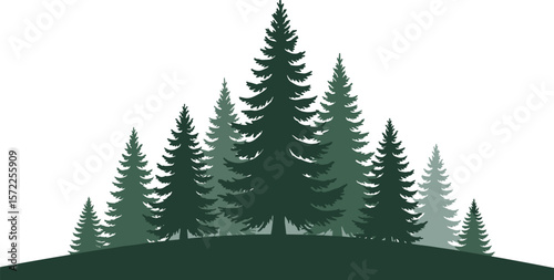 Vector silhouette illustration of pine trees on hill, forest landscape background, natural evergreen scenery, tranquil outdoor woodland scene