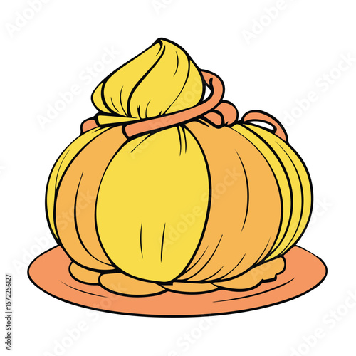 Yellow pumpkin-shaped dessert with a decorative, fluffy topping on a decorative plate. Sweet treat displayed as a visually appealing food illustration.