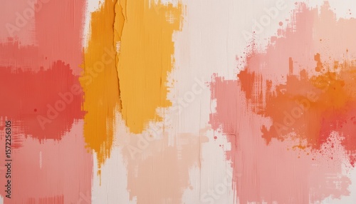 Abstract textured background with bold brushstrokes of coral orange and yellow paint