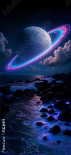 Ringed planet above the ocean- space background