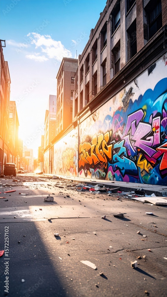 Naklejka premium Urban alley with vibrant graffiti art and debris image