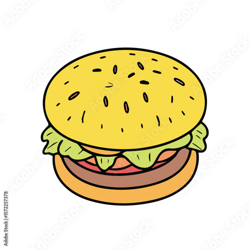Cartoon hamburger illustration with no specific demographic or setting. Simple, colorful illustration of a hamburger from a top-down perspective against a plain background.