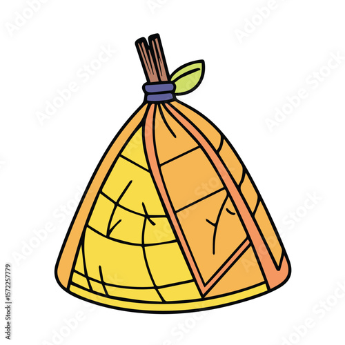 A stylized depiction of a traditional dwelling, likely a teepee or wigwam, in a simple, colorful design.