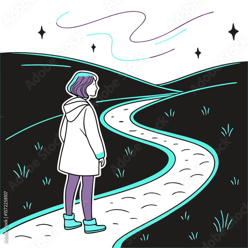 Young woman standing on winding path in stylized landscape at night  