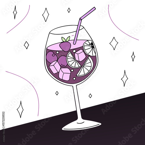Vector illustration of colorful sangria cocktail with fruit and ice  