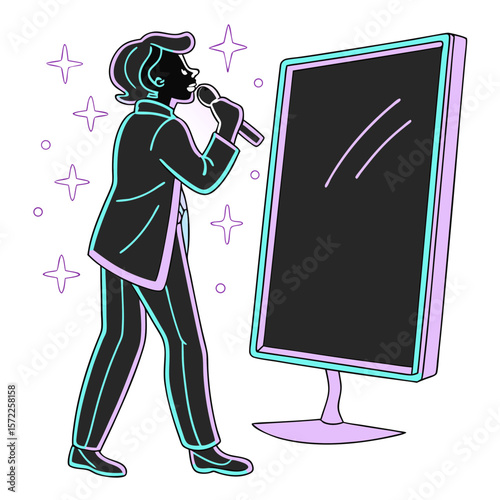 Singer performing in front of mirror with microphone and sparkling background  