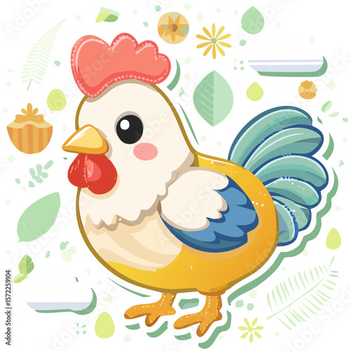 A cute lovely joy colourful chicken with different elements cartoon character illustration