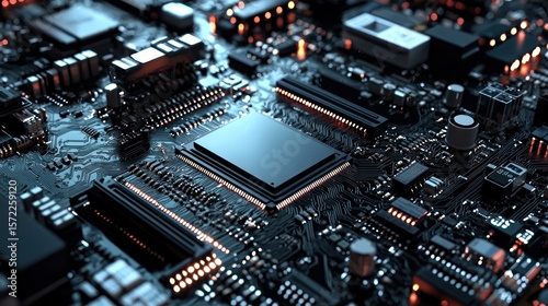 A complex electronic circuit board with a central processor unit (CPU) and various components
