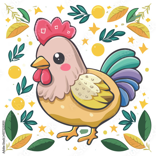 A cute lovely joy colourful chicken with leaves cartoon character illustration