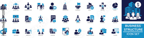 Business Structure Icon Set Flat vector icons of hierarchy, departments, roles, divisions, and company structure. Ideal for business, HR, and strategy use. Customizable design.