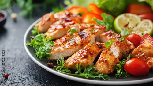 A plate of grilled chicken breast with vegetables and a side of salad on a dark rustic table.