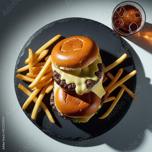 Two sliders stacked filled with cheese  photo