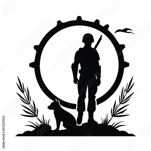 Silhouette of a soldier with a dog in a military setting with a gear-shaped backdrop. Military personnel standing guard with canine companion.