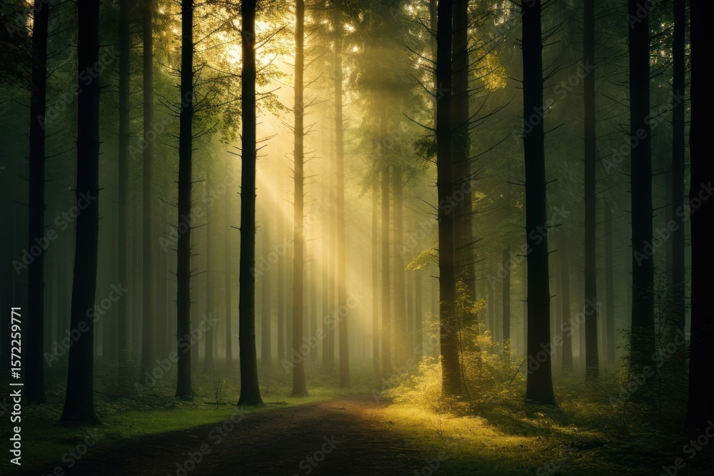 Obraz premium A forest with tall trees light vegetation landscape.