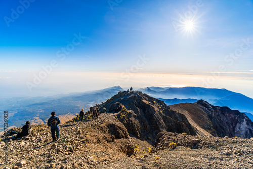 Hiker and traveller hiking at Mount Rinjani, Lombok, the second highest volcano in Indonesia.