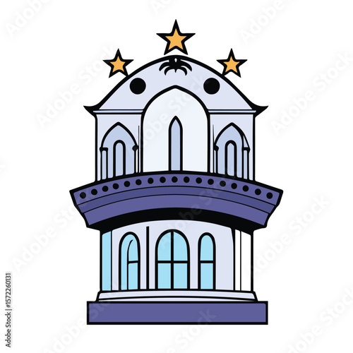 Architectural illustration of a stylized building with decorative elements in a light purple/lavender color scheme. Ornate facade with multiple arched windows and a balcony.