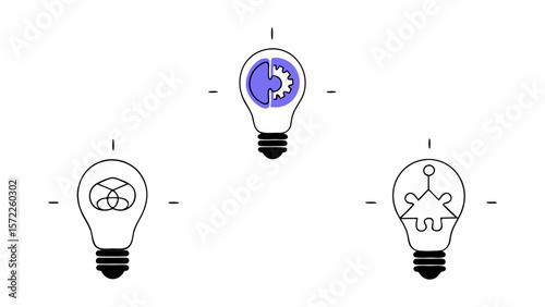 Creative business idea set, vector hand-drawn sketch icons with light bulbs, mind maps, and innovation concepts.

