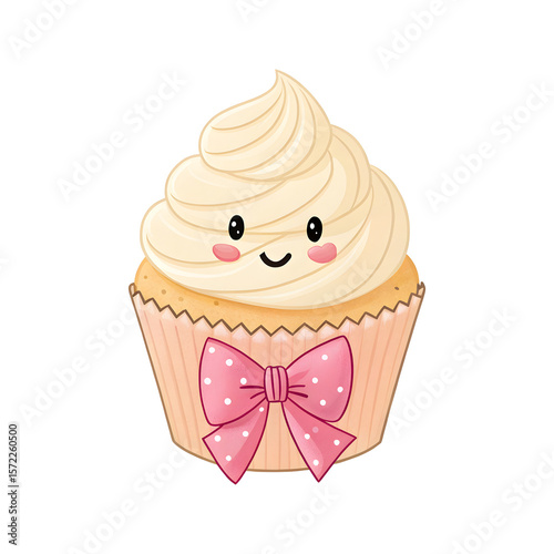 Adorable Pink Cupcake Mascot with Polka Dot Bow Illustration for Breast Cancer Awareness Campaign