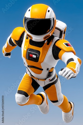Vintage Astronaut in Yellow and White Exosuit Leaping Across Blue Sky