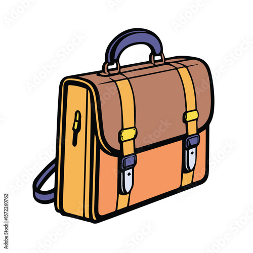 Brown and orange satchel backpack in an illustrated style. Side view of a classic satchel bag, featuring straps and buckles, presented against a plain white background.